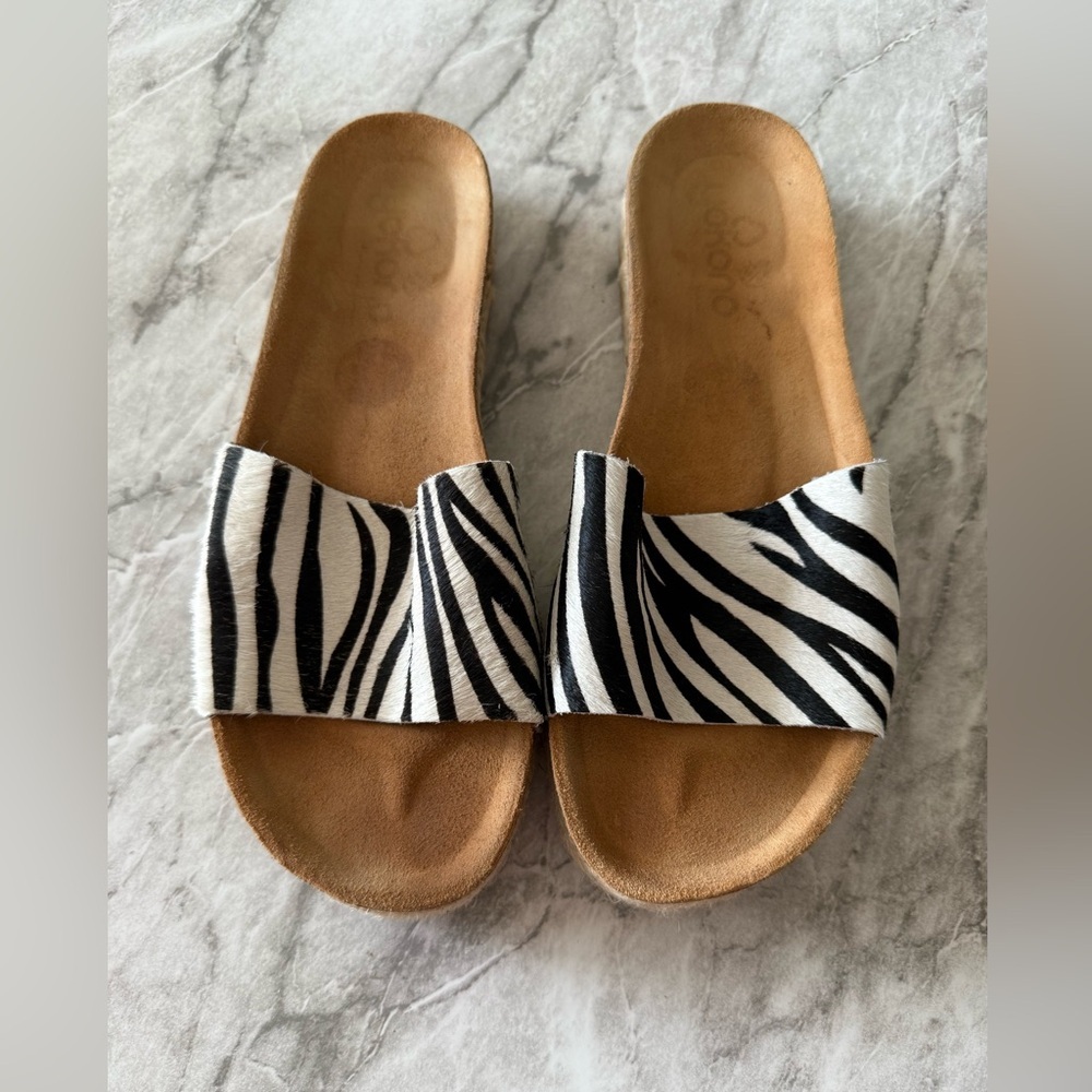 Yokono Spain Zebra Rabbit Fur Leather Slide Sandals 8 Animal Print Shoes